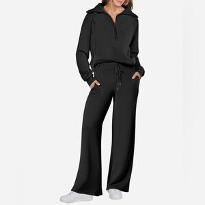 Anrabess 2 piece Leisure Black Lounge Quarter Zip Top & Wide Leg Pants Set - S